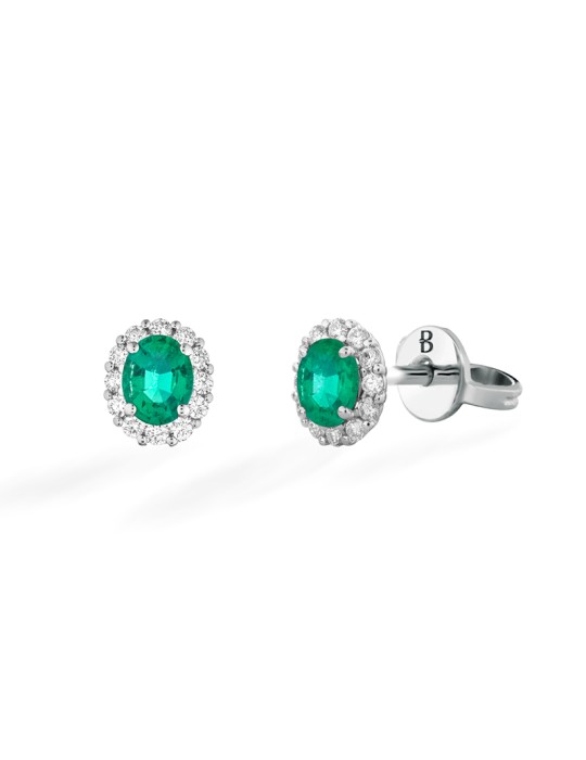 Buonocore Earrings - 18K White Gold Rosette with Emeralds and 0.15ct Natural Diamonds - 0