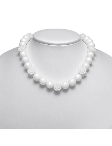 Collana Miluna - Quarzo Rosa - Fiore - Giada Bianca - 14mm - CLD3539