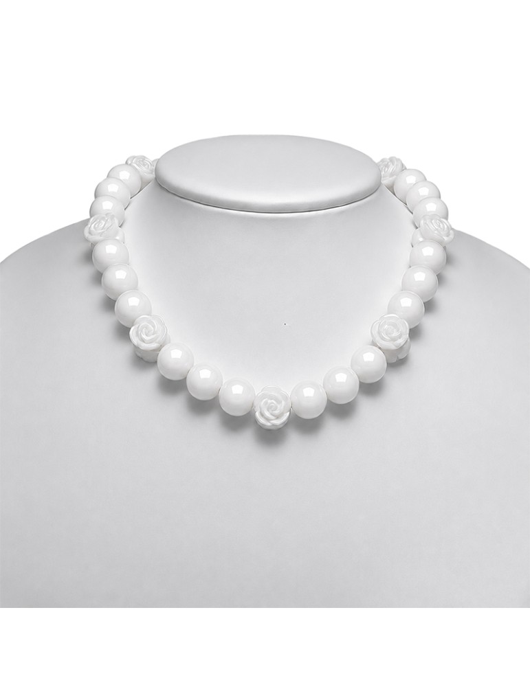 Collana Miluna - Quarzo Rosa - Fiore - Giada Bianca - 14mm - CLD3539