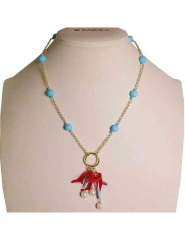 Rajola Necklace - Golden-Red Coral-Turquoise Paste Spheres-45-483-2