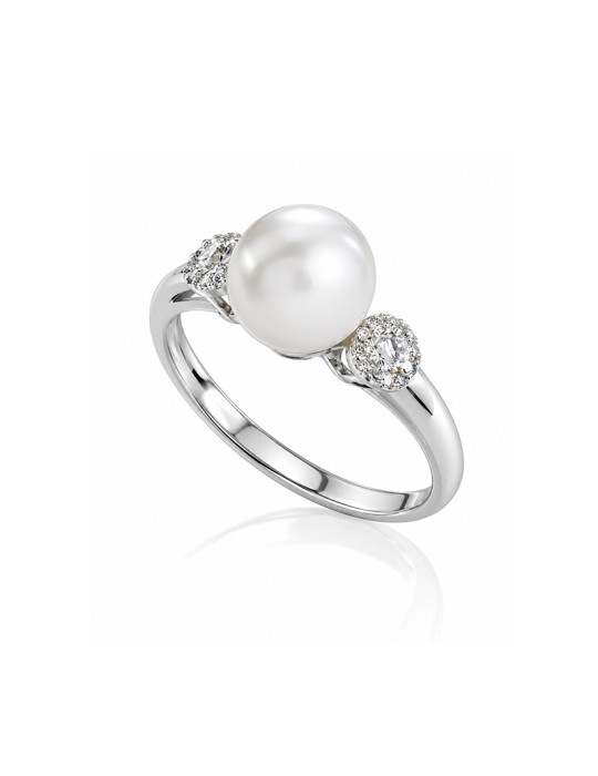 Anello Coscia - in Oro Bianco 18 Carati con Diamanti Bianchi e Perla Freshwater 8-8.5mm - 0