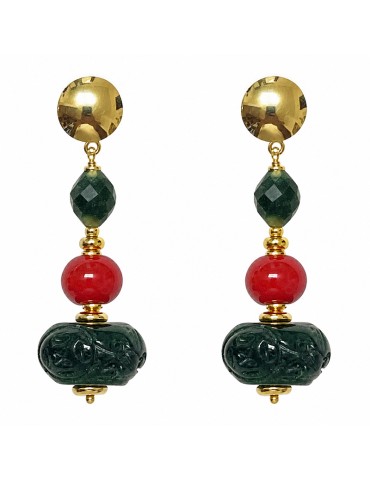 Giadan Earrings - 925% Silver - Green Jade - Red Coral-GIADAN84