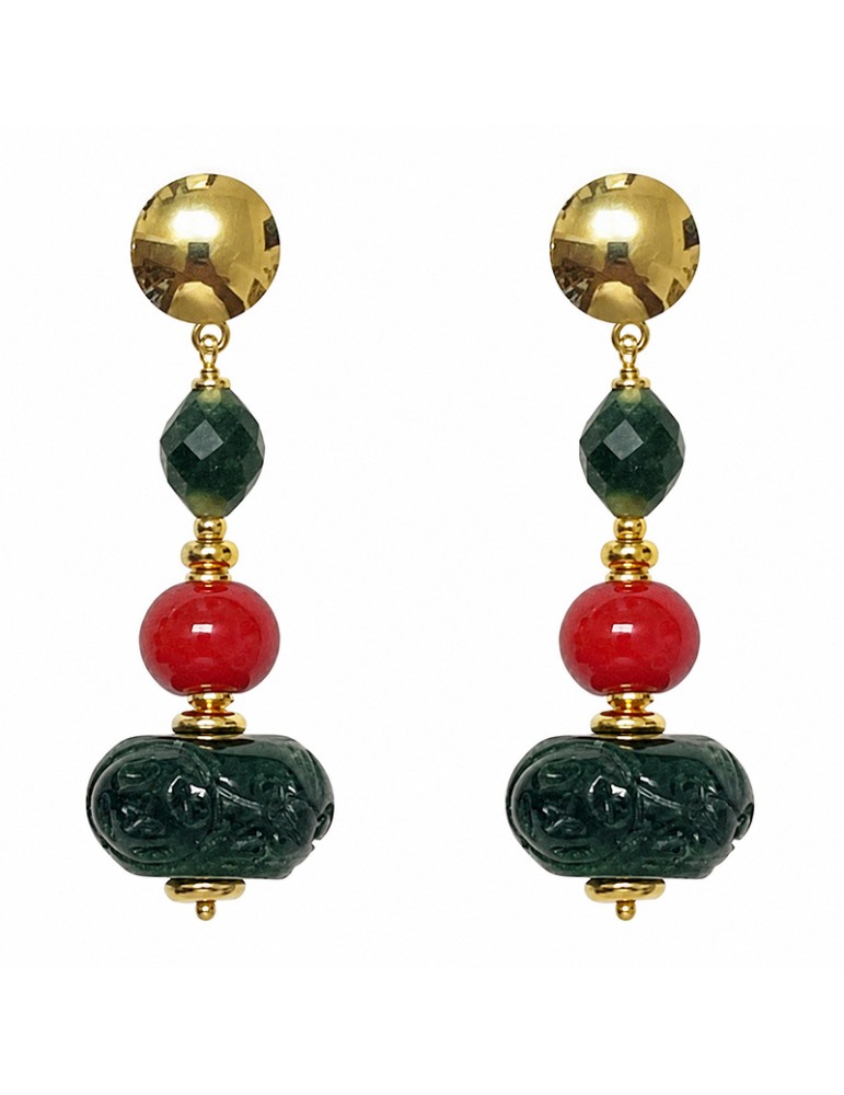 Giadan Earrings - 925% Silver - Green Jade - Red Coral-GIADAN84