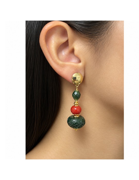Orecchini Giadan - Argento 925% - Giada Verde - Corallo Rosso-GIADAN84