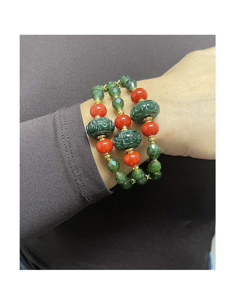Bracciale Giadan-Argento 925% Dorato-Giada Verde-Corallo Rosso-GIADAN82