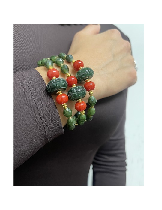 Bracciale Giadan-Argento 925% Dorato-Giada Verde-Corallo Rosso-GIADAN82