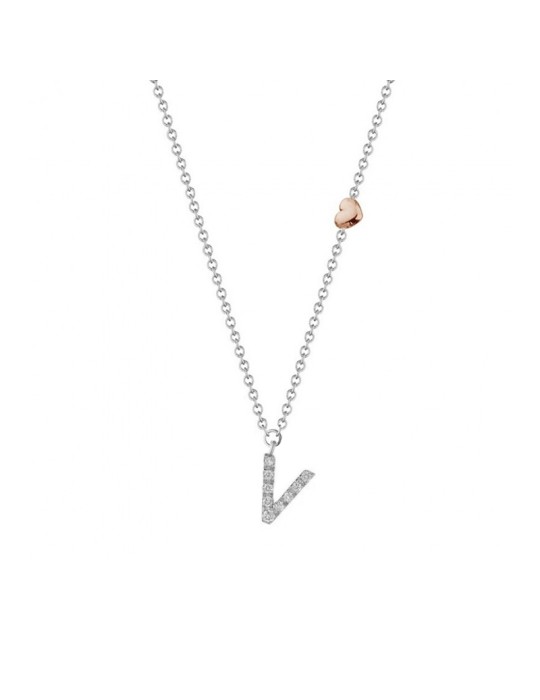 Buonocore "You Are" Necklace in 18k White Gold with Letter V and 0.05 ct Natural Diamonds - 0