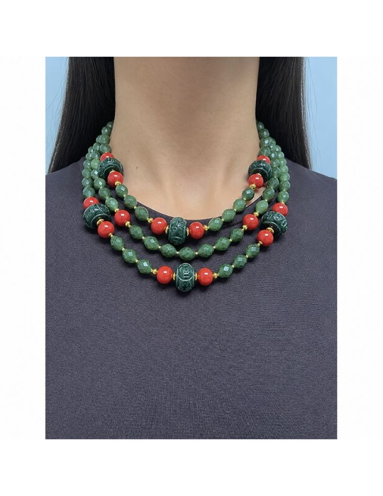 Collana Giadan-Argento 925% Dorato-Giada Verde-Corallo Rosso-GIADAN83