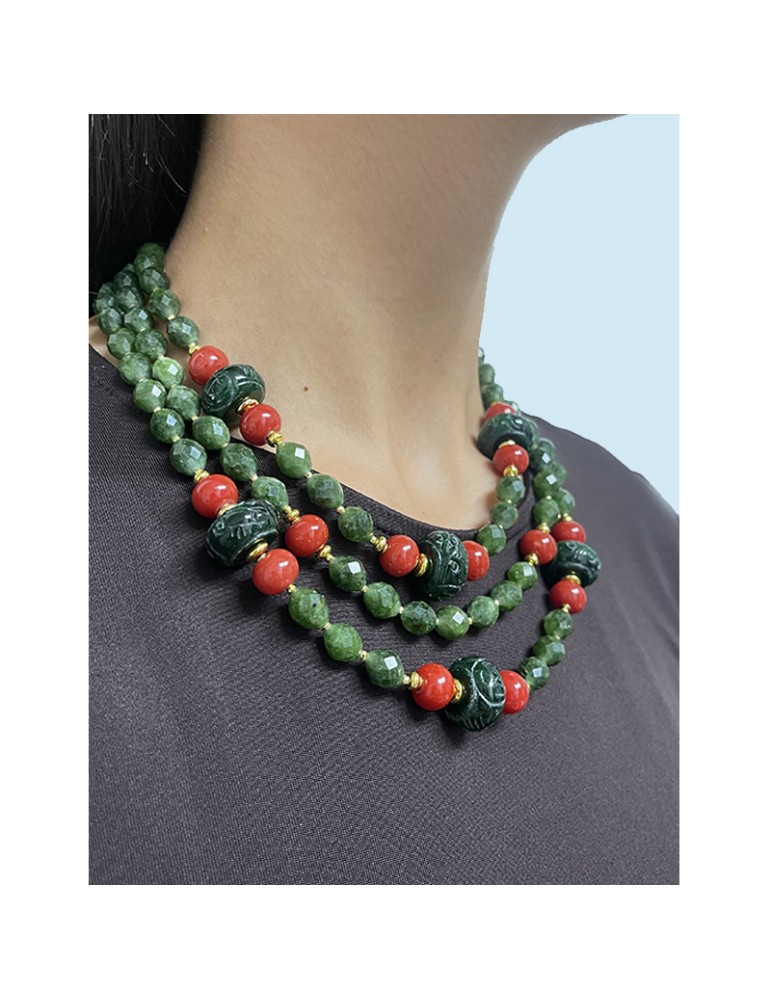 Collana Giadan-Argento 925% Dorato-Giada Verde-Corallo Rosso-GIADAN83