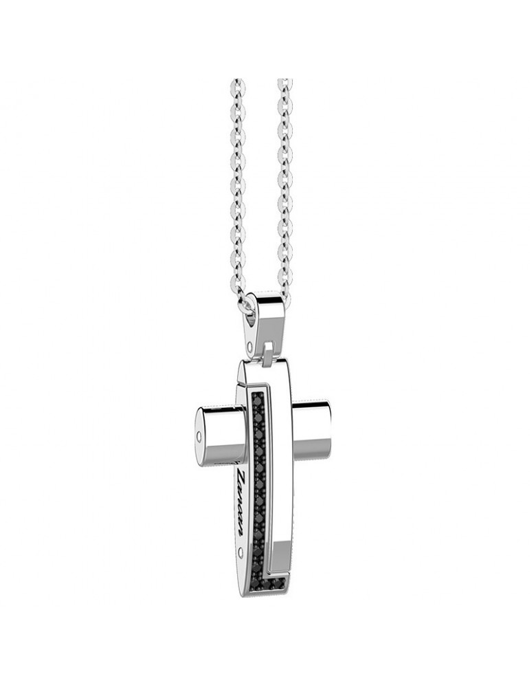 Zancan Necklace for Men - White Gold Insignia with Cross Pendant and Black Diamonds - 0
