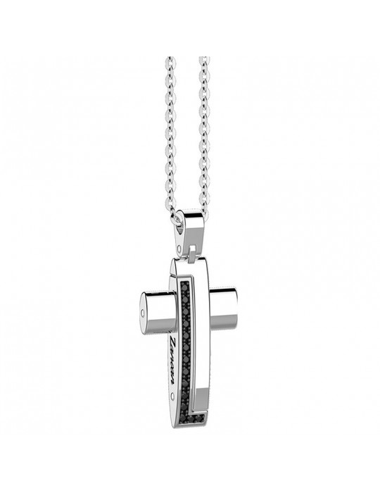 Zancan Necklace for Men - White Gold Insignia with Cross Pendant and Black Diamonds - 0