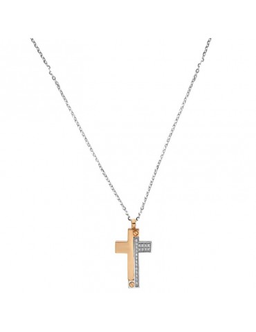 Zancan Necklace for Men - Bicolor Gold Insignia with Cross Pendant and Diamonds - 0