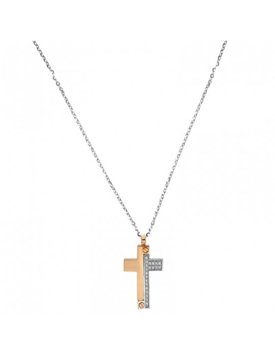 Zancan Necklace for Men - Bicolor Gold Insignia with Cross Pendant and Diamonds - 0
