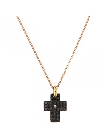 Picca Woman's Necklace - in Rose Gold with Cross Pendant and Black Diamonds - 0