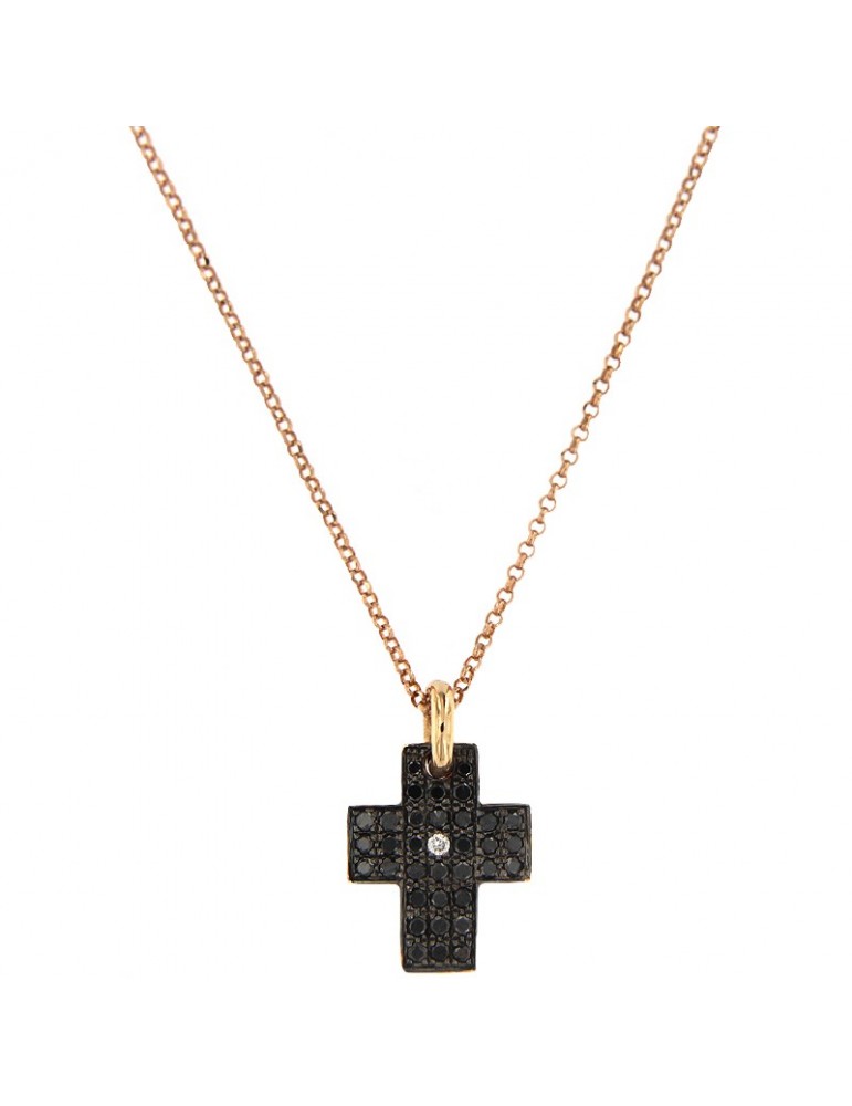 Collana Picca Donna - in Oro Rosa - Pendente Croce - Diamanti Neri