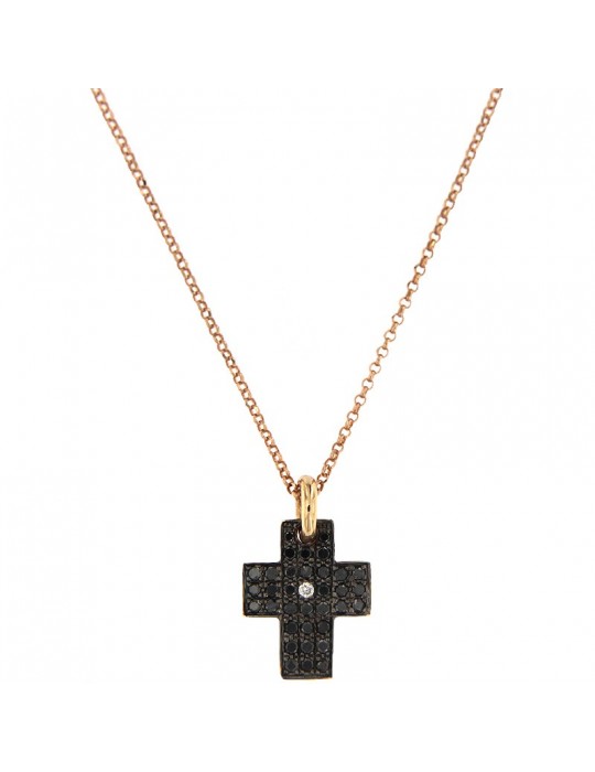 Collana Picca Donna - in Oro Rosa - Pendente Croce - Diamanti Neri