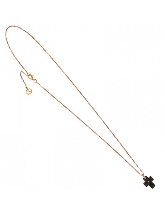 Collana Picca Donna - in Oro Rosa - Pendente Croce - Diamanti Neri