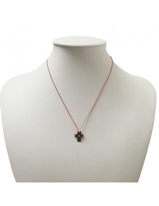 Collana Picca Donna - in Oro Rosa - Pendente Croce - Diamanti Neri